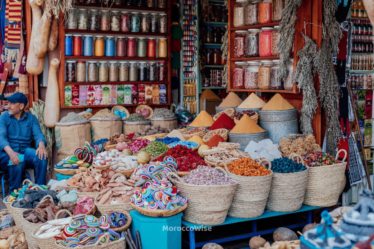 Handmade goods displayed in a Moroccan souk